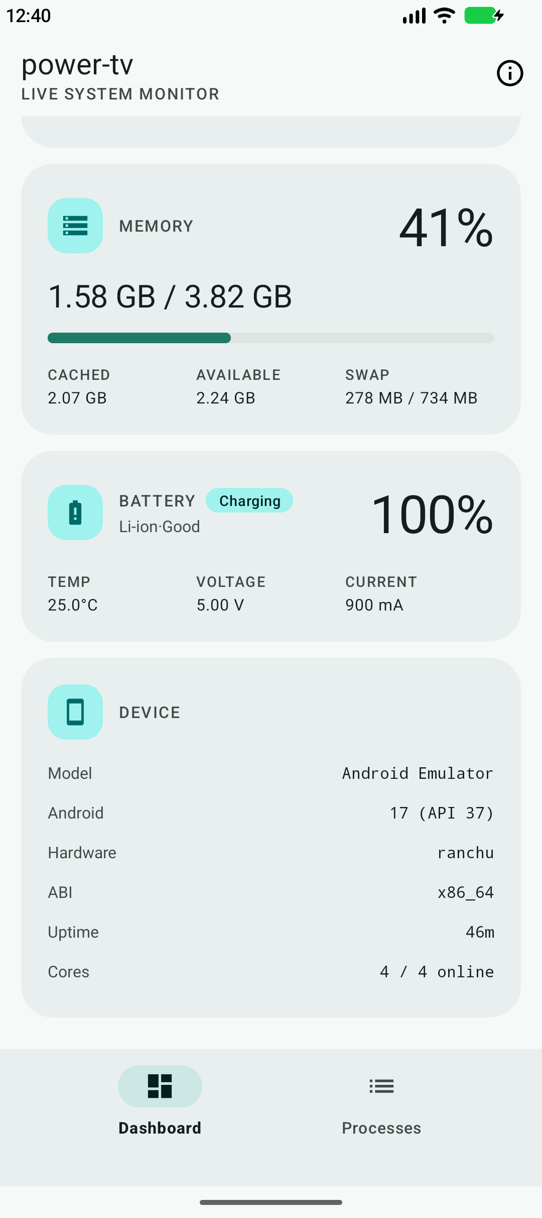 Detailed CPU and memory panels in light theme